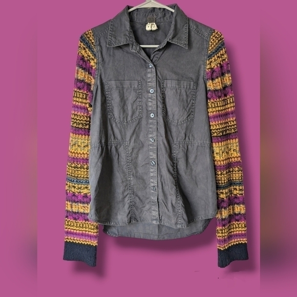 Free People We The Free Mixed Media Artsy Button-Up Shirt Punk Hipster - Picture 1 of 10